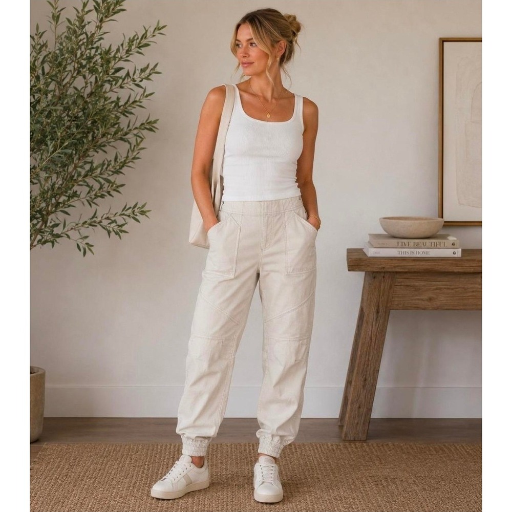 NWT Spanx Stretch Twill Cargo Joggers Parchment Off White Zip Cuff‎ 20319R Small